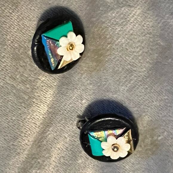 Vintage Geometric Floral Clip-On Earrings – Handcrafted Mixed-Media Design - Picture 10 of 10